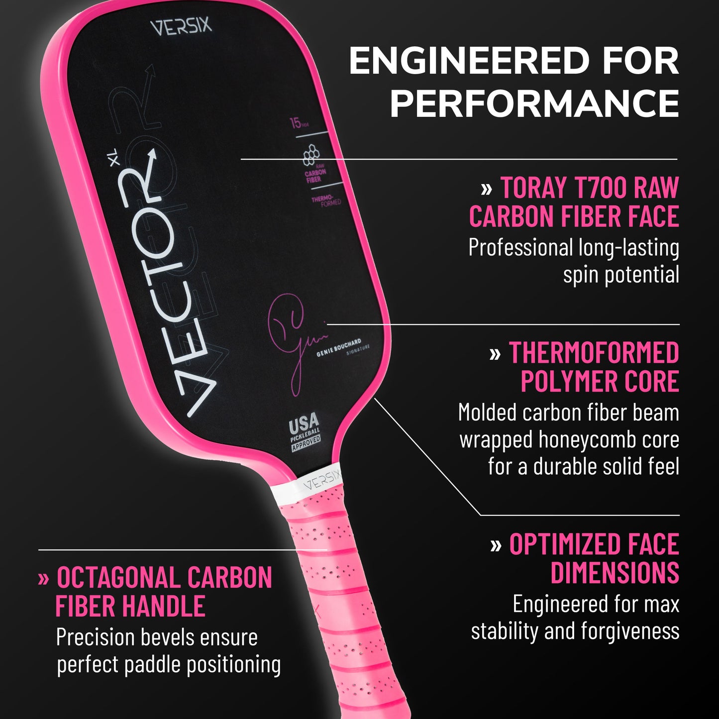 Versix Vector Genie Bouchard Pink Signature Pickleball Paddle